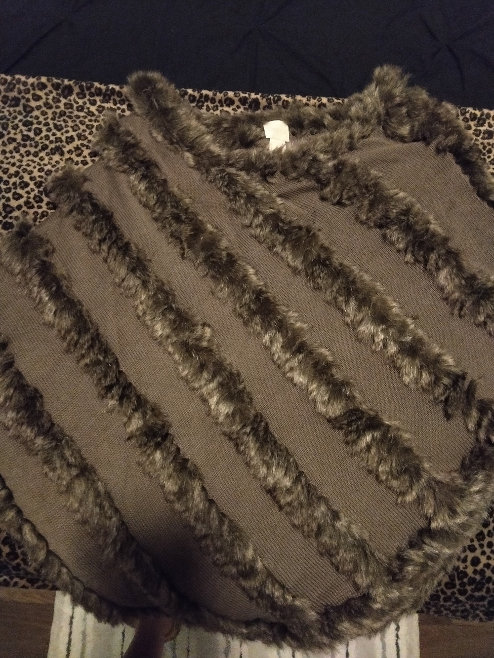 Chico's Brown Solid Knit Shawl Wrap w/ Faux Fur Trim, Cotton Blend, S/M Women's